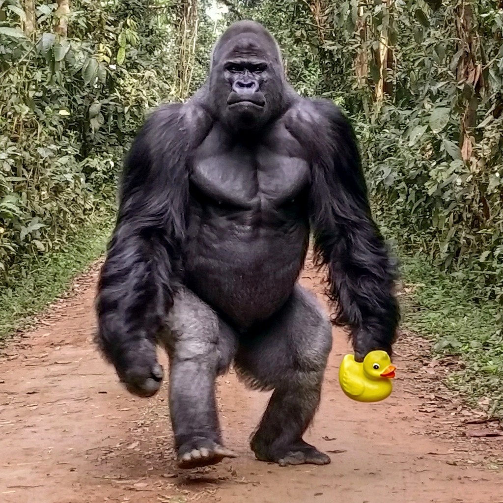 A gorilla walking upright down a red dirt jungle road, holding a yellow rubber duck