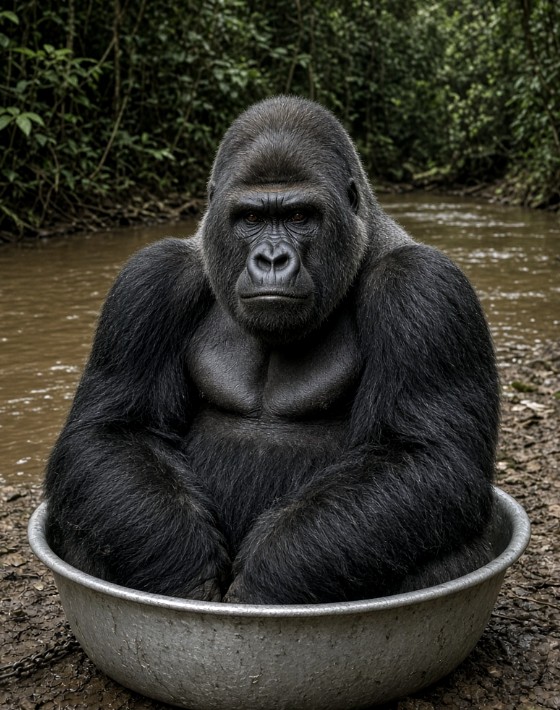A huge gorilla sitting in a small wash basin in the jungle