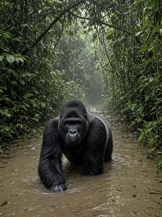 A gorilla walking through shallow water on a misty jungle trail